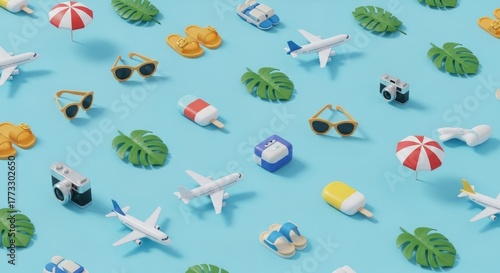 Summer Travel Essentials Pattern on Blue Background.