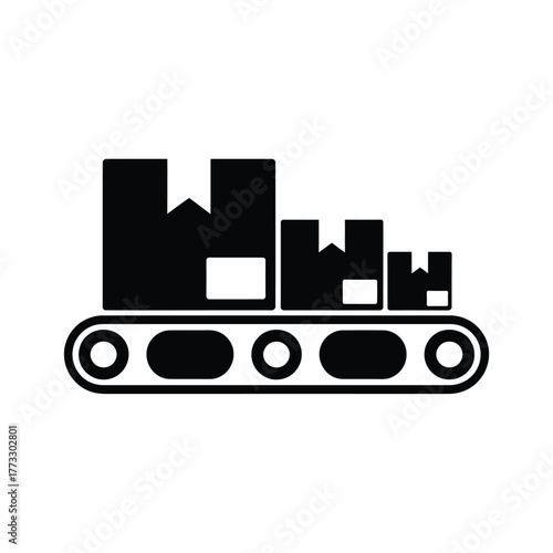 Black and white illustration of a conveyor belt with boxes