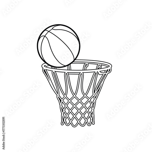 Simple line drawing of a basketball going into a hoop