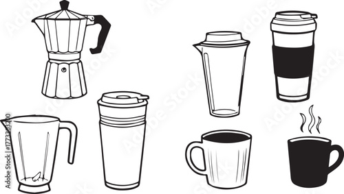 Collection of hand drawn coffee making and drinking vessels on a white background