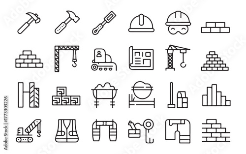  Collection of hand drawn construction and building icons representing tools and materials