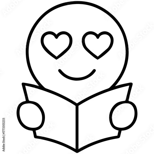 Love-struck Reader: An outline illustration captures a smiling emoji with heart-shaped eyes, engrossed in a book, radiating pure joy and appreciation. 