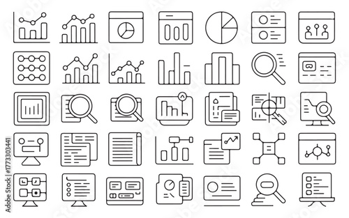 Collection of hand drawn business and data analysis icons representing charts graphs and reports
