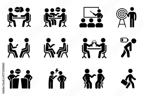 People activity icon set on transparent background. Symbol of person talking, meeting, debate, interview, training, working, employee. Business silhouette editable vector stock