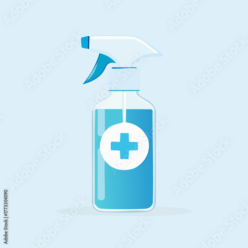 Antiseptic disinfectant spray bottle with medical symbol.