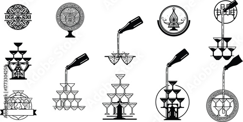 Champagne tower emblem set, pouring bottle vector, decorative celebration icons, black and white design, cad drawing flat vector illustration