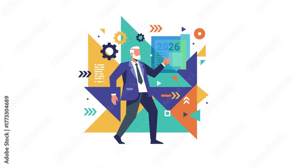 Obraz premium Business leader planning 2026 strategy with futuristic geometric design