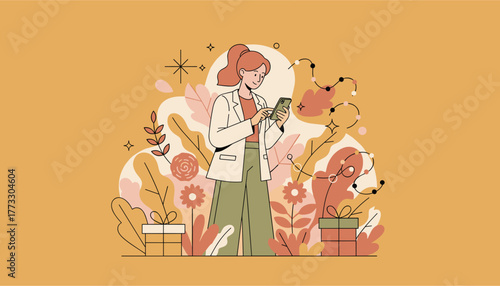 Smiling woman uses smartphone for mobile shopping amid abstract flowers and gift boxes