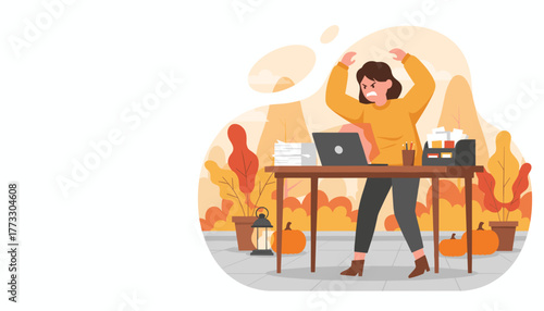 Stressed worker frustrated by heavy workload and pressure in a seasonal autumn remote office