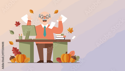 Happy elderly man celebrating success at an office desk surrounded by autumn leaves and pumpkins