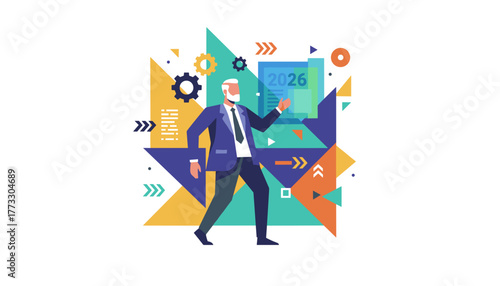 Business leader planning 2026 strategy with futuristic geometric design