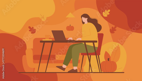 Woman working remotely on a laptop in a cozy autumnthemed home office illustration