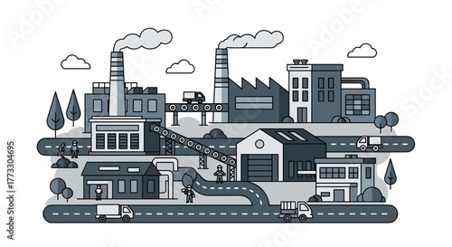Industrial complex illustration Manufacturing factory logistics workers and production processes