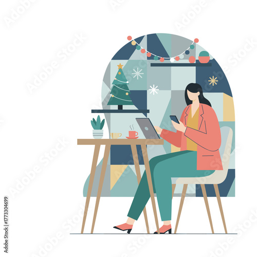 Woman multitasking using phone and laptop in a cozy festive holiday work setting