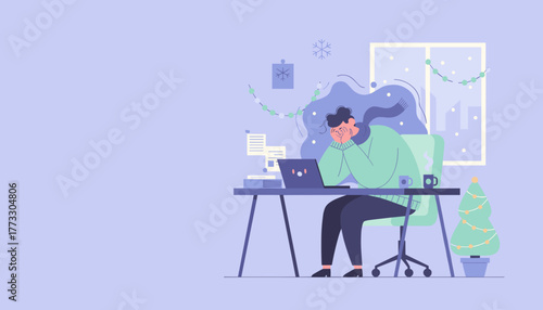 Stressed worker at desk during holidays overwhelmed by workload winter fatigue illustration
