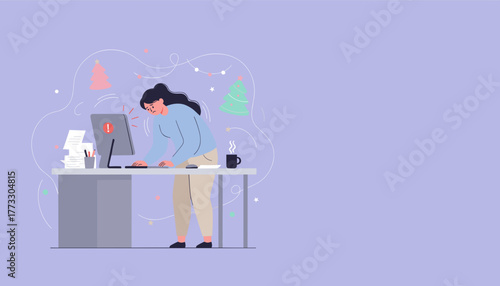 Woman stressed by work and tech failure at her desk during the holidays