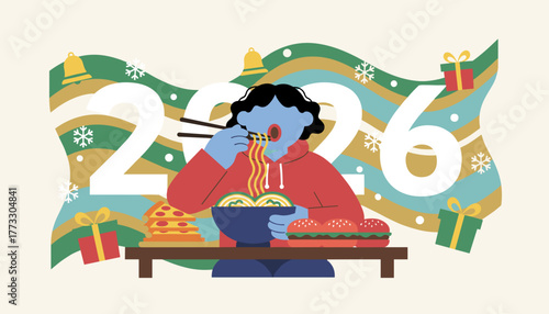 2026 New Year celebration Graphic illustration of a person feasting on fast food and ramen