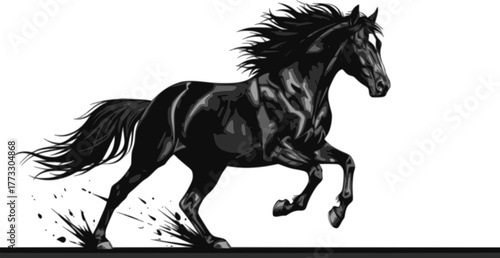 Powerful black horse galloping in full stride, dynamic vector illustration. Design for equestrian logos, sports branding, or apparel. EPS version.