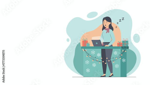 Exhausted office worker asleep at her Christmas decorated desk symbolizing holiday work burnout