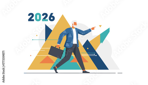 Businessman pointing forward to 2026 goals navigating progress and future business strategy