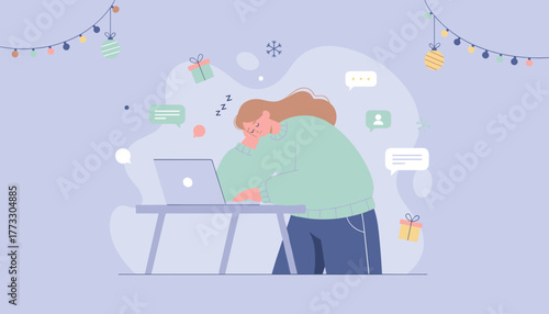 Holiday work burnout Woman sleeping at her desk next to laptop surrounded by festive decor
