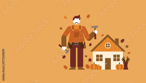 Unhappy repairman by a house with pumpkins Fall maintenance and home renovation problems illustration