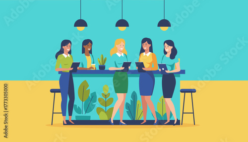 Professional female team meeting in a modern office break room holding tablets