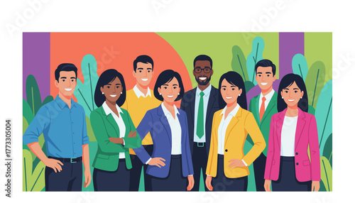 Smiling diverse professional team group portrait illustration symbolizing inclusion and success