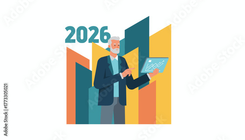 Senior executive reviewing 2026 financial forecast data and strategic growth plans