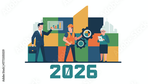 Business vision 2026 Executive worker and analyst collaborate on industry goals and financial strategy