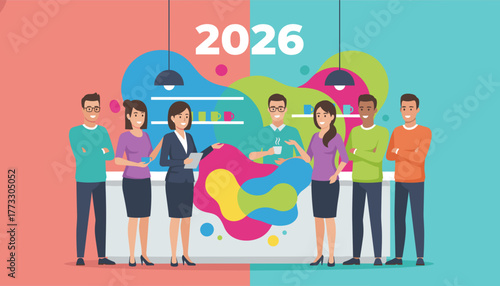 Happy office team collaborating in a colorful workspace with 2026 prominent