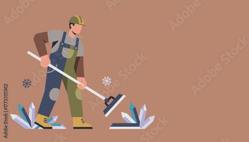 Construction worker in uniform clearing icecrystal formations with a scraper Hard labor illustration