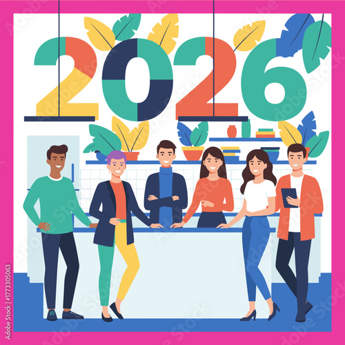 Diverse business team collaborating and planning goals for the new year 2026