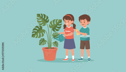 Cute kids watering and cleaning a potted Monstera plant Responsibility gardening and eco concept