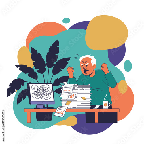 Senior businessman stressed and angry buried under excessive paperwork and deadlines in the office