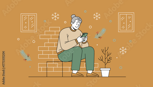 Senior person using a smartphone indoors in a cozy winter illustration representing technology adoption