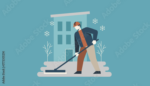 Maintenance worker shoveling snow outside an office building in winter