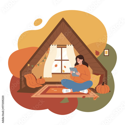 Cozy autumn evening in an Aframe cabin Woman using tablet for reading or remote work
