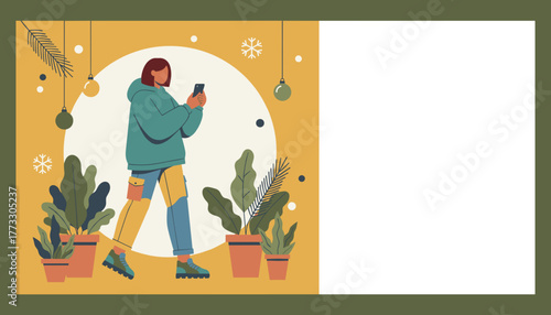 Trendy person using smartphone indoors near houseplants and holiday decor Seasonal lifestyle and technology