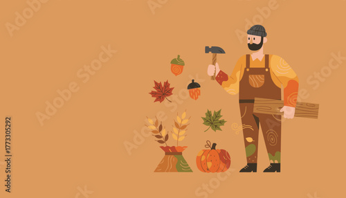 Autumn craftsman holding wood and hammer surrounded by harvest symbols leaves pumpkin and acorns