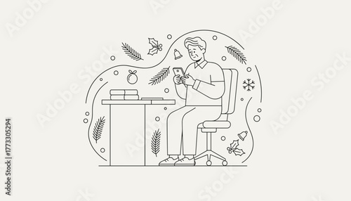 Man checking smartphone at desk surrounded by Christmas decorations Holiday work communication
