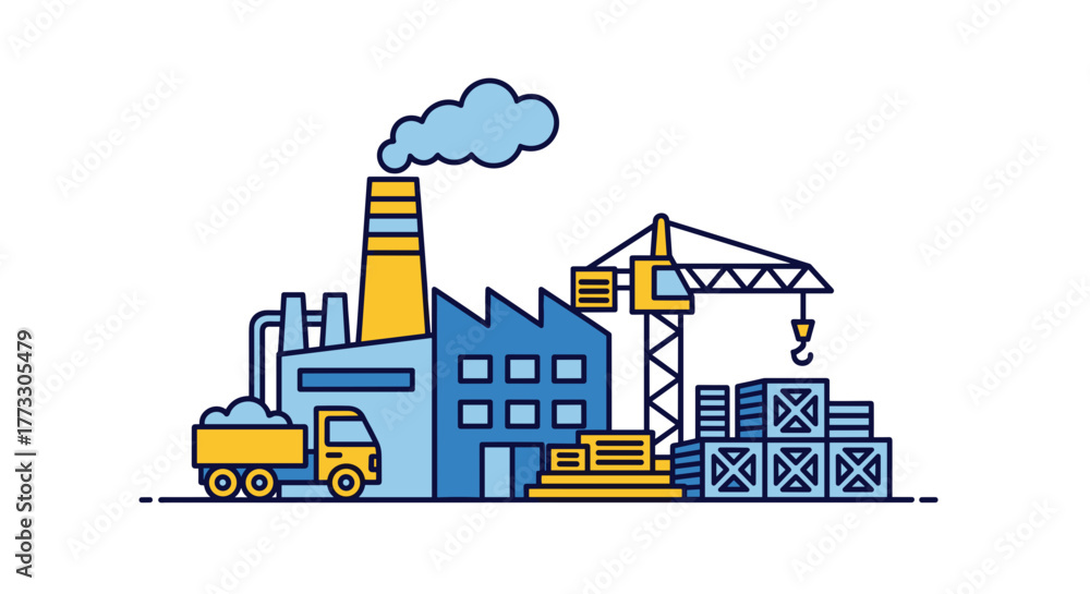 Obraz premium Industrial factory illustration with chimney crane truck and containers for manufacturing and logistics