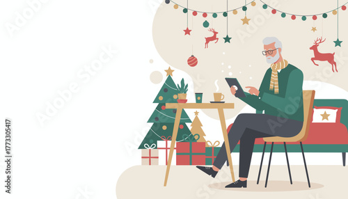 Senior man uses tablet drinking coffee by the Christmas tree Holiday technology and comfort