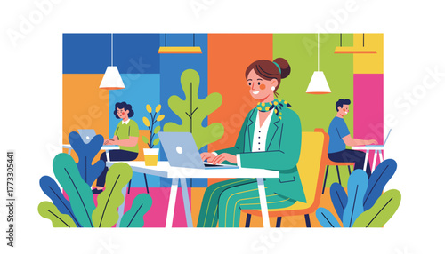 Professional woman using laptop in a colorful plantfilled coworking office Modern workspace