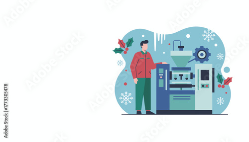 Industrial worker operates production machine during the winter holiday season