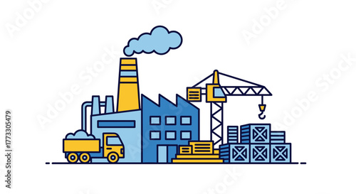 Industrial factory illustration with chimney crane truck and containers for manufacturing and logistics