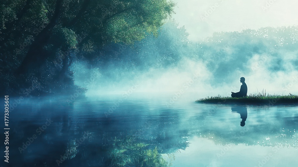 Fototapeta premium Serene Morning Meditation by a Misty Lake, a Silhouette in Quiet Contemplation
