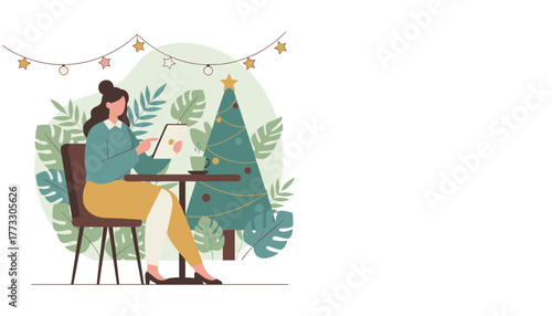 Woman uses tablet near Christmas tree and tropical plants Holiday work or cozy leisure