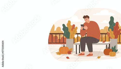 Sad man checks his smartphone on an autumn balcony surrounded by pumpkins Fall digital anxiety