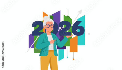 Businesswoman presenting 2026 future growth strategy with rising city chart illustration